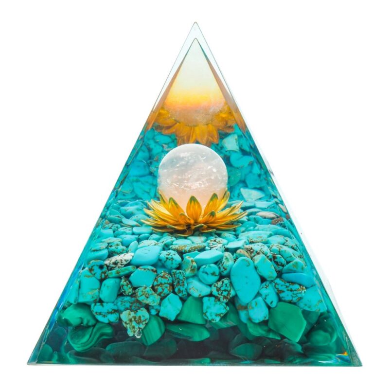 Pyramide Orgonite de Protection en Résine et Pierre Naturelle Quartz Rose et Magnésite Turquoise - 8x8cm