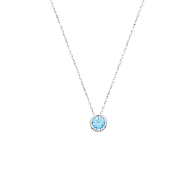 Collier Argent 925/1000 Rhodié Oxyde Bleu Ciel Serti Clos 6mm