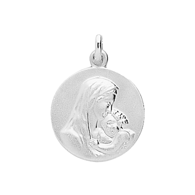 Médaille Ronde Argent 925/1000 Rhodié Vierge à l'enfant 17mm