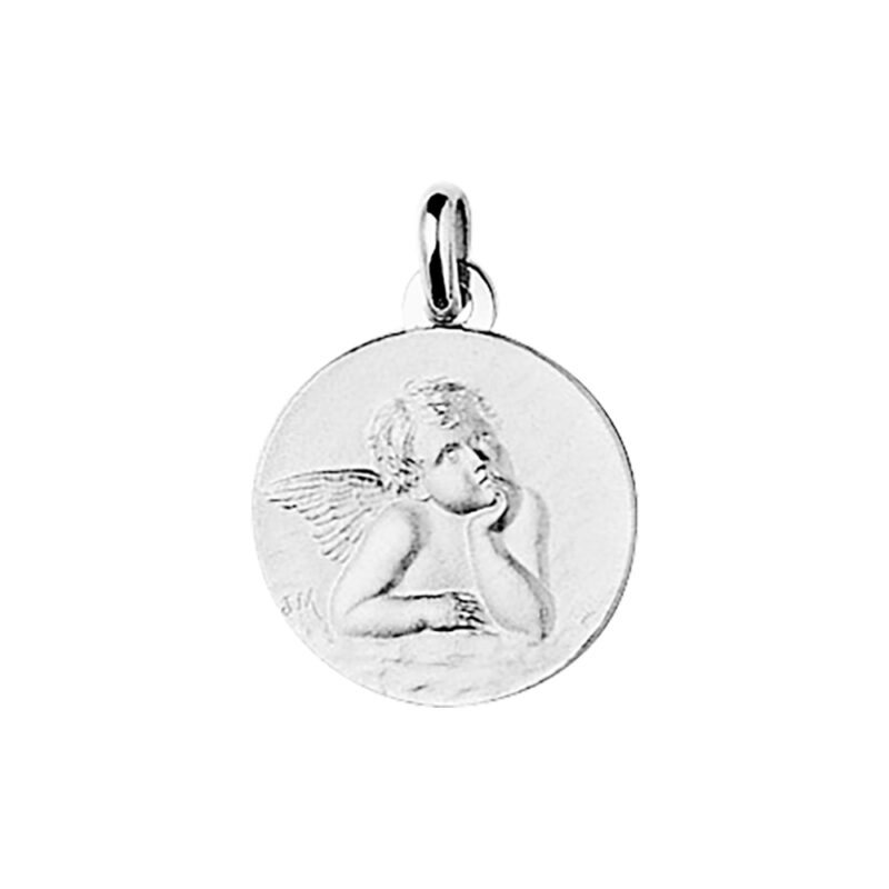 Médaille Ronde Argent 925/1000 Rhodié Ange Pensif 15mm