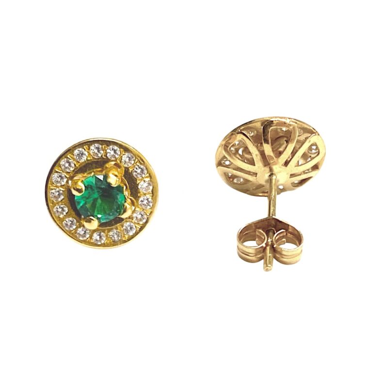 Boucles d'oreilles Or Jaune 750/1000 Entourage Oxydes et Émeraude Ronde Centrale – Image 2