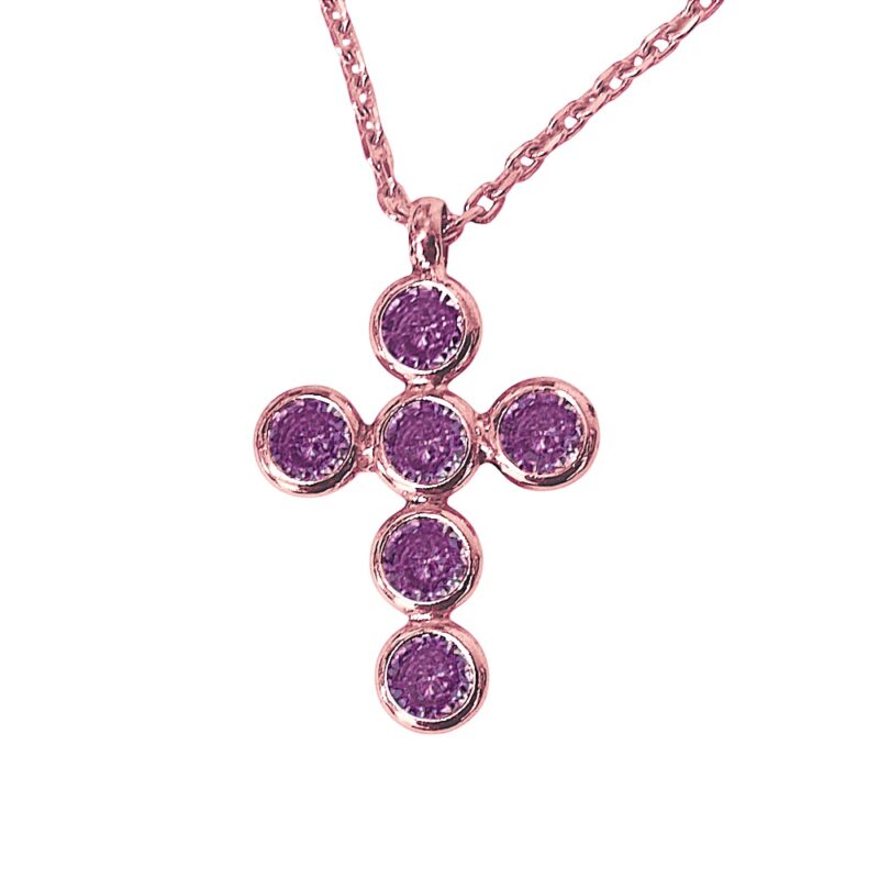 Collier Argent 925/1000 Rhodié Rosé Croix Oxydes Violets Hauteur 18mm