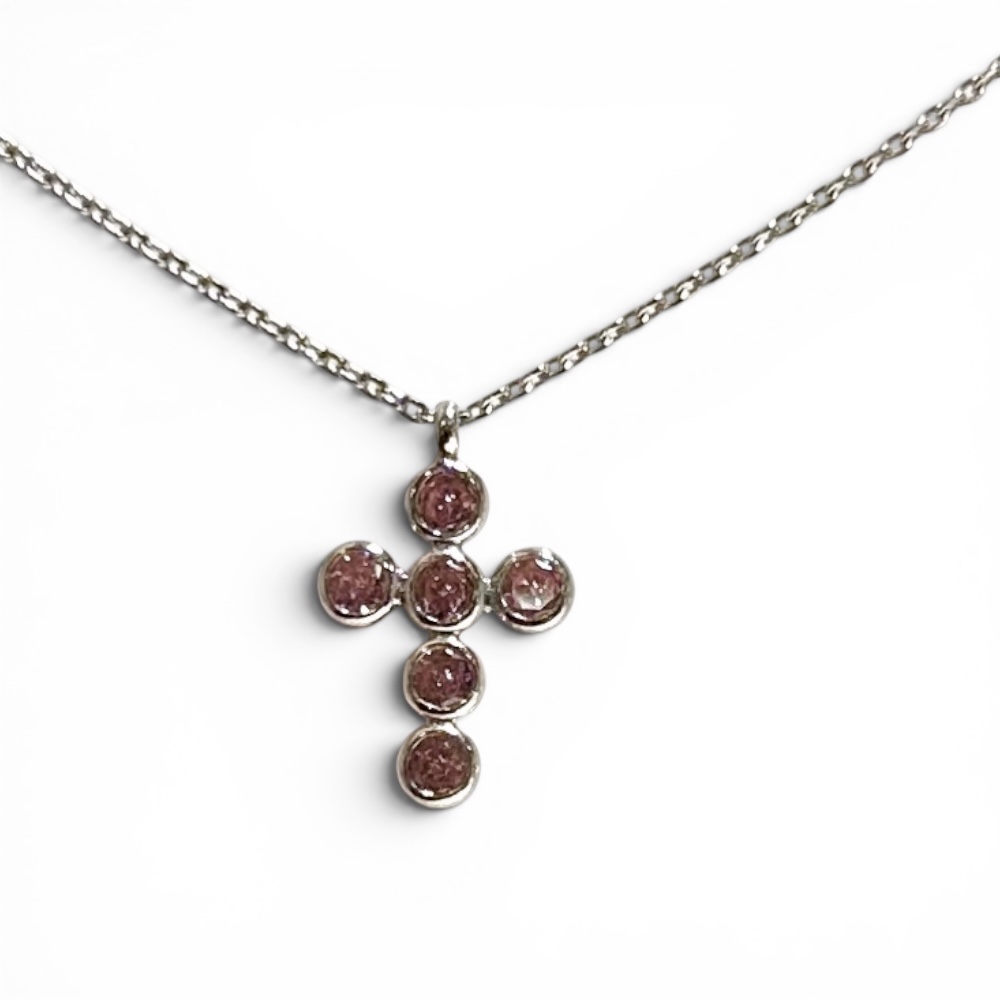 Collier Argent 925/1000 Rhodié Croix Oxydes Roses