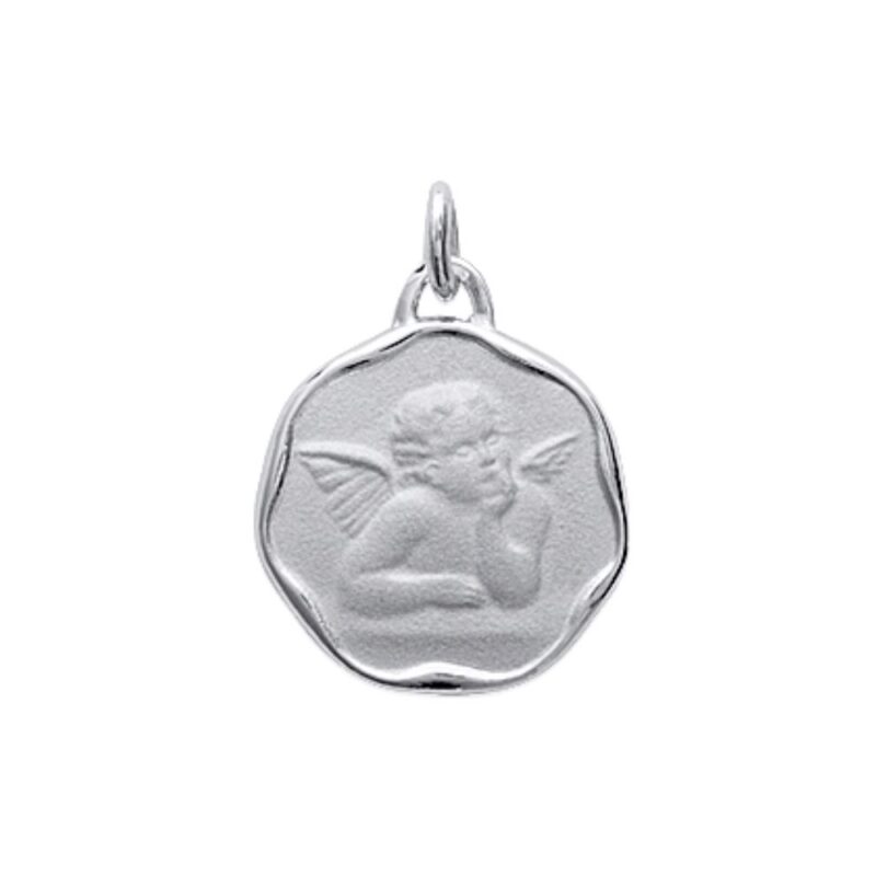 Médaille Argent 925/1000 Rhodié Satinée Bords Polis Ange Pensif Diamètre 17mm