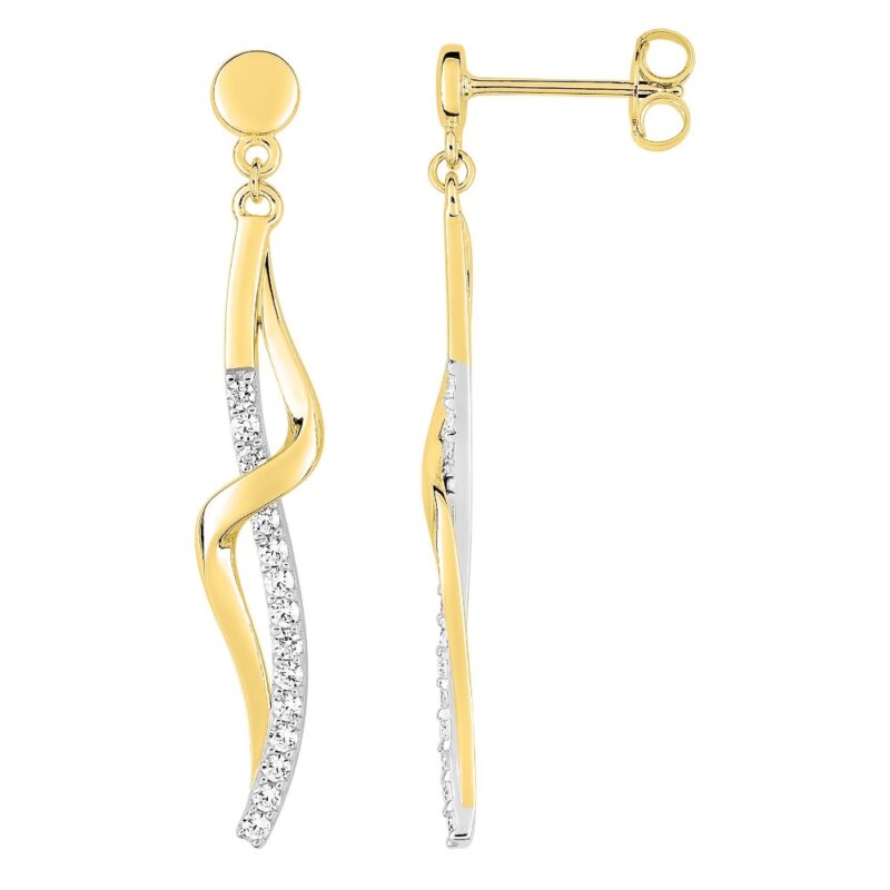Boucles d'oreilles Pendantes Plaqué Or Bicolore Lignes Entremêlées Un Rang Oxydes Blancs