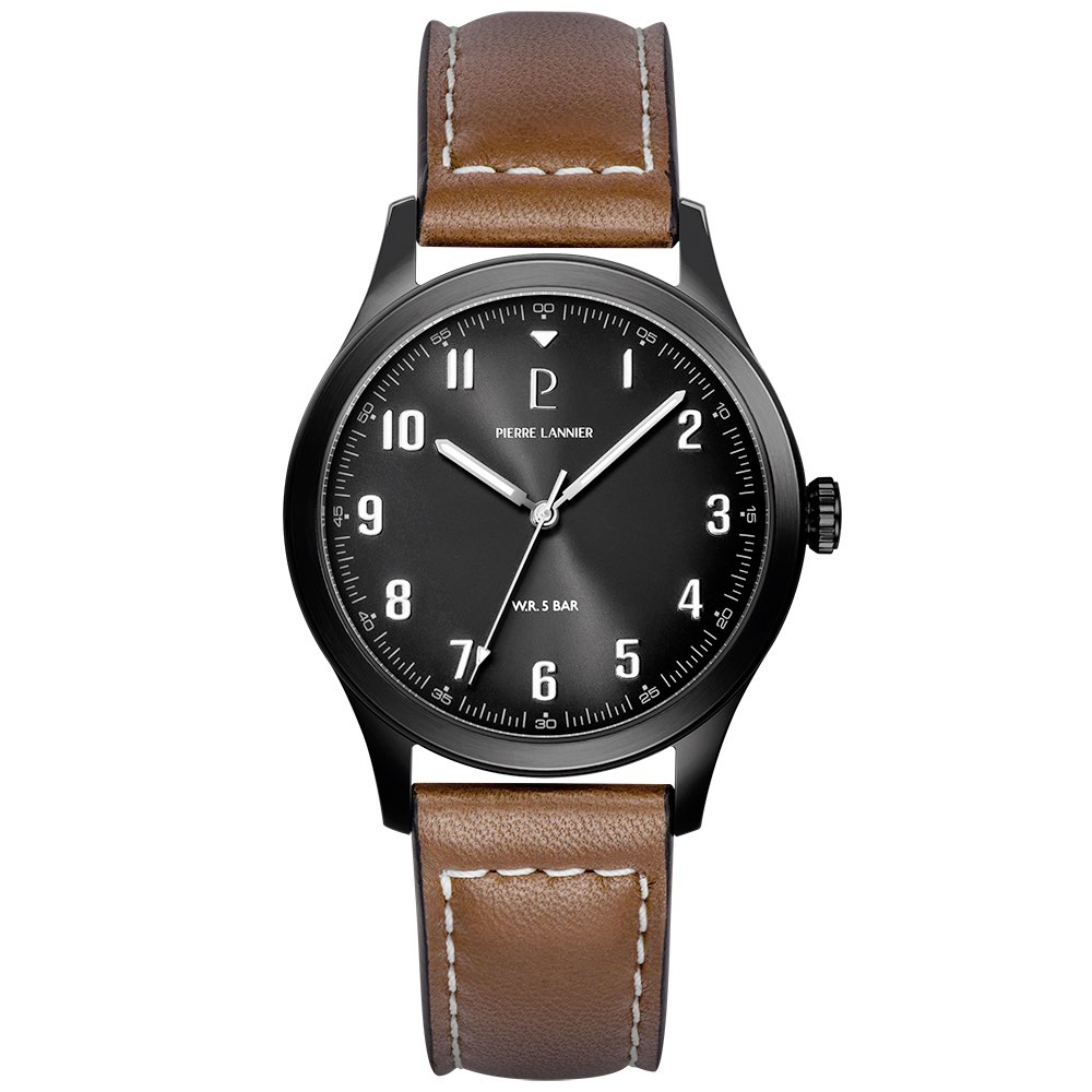 Montre Homme Pierre Lannier Aviateur Cadran Noir Bracelet Cuir Brun 261K434