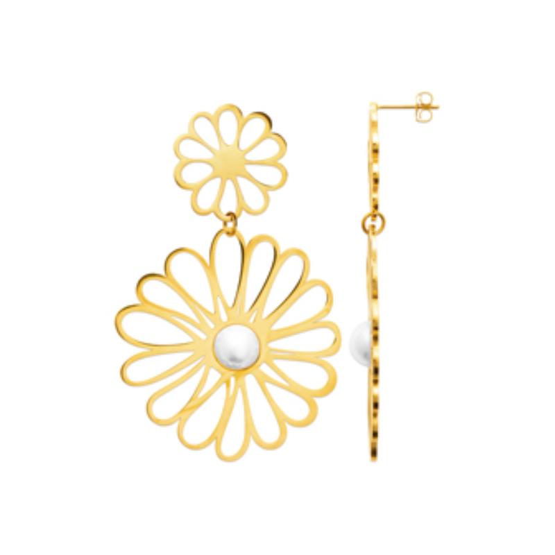 Boucles d'oreilles Fashion Steel Pendantes Acier Gold Fleurs et Perles imitation – Image 2