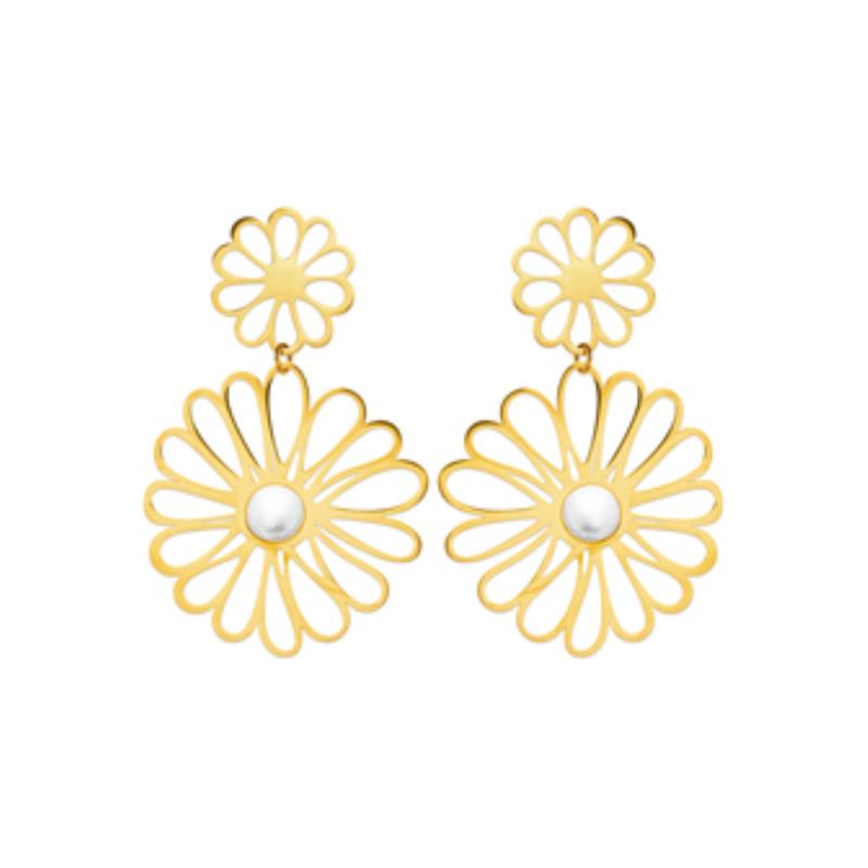 Boucles d'oreilles Fashion Steel Pendantes Acier Gold Fleurs et Perles imitation
