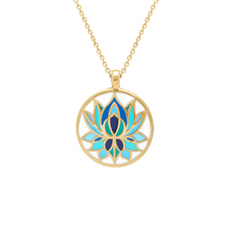 Collier Stella Mia Acier Doré Motif Lotus et Résine Blanche et Turquoise Diamètre 16mm