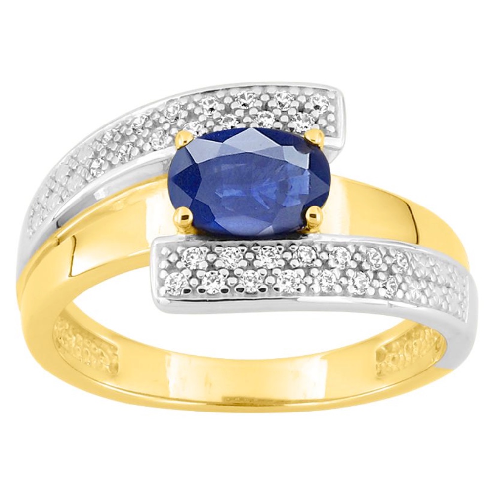 Bague Plaqué Or Bicolore 2 Brins Rhodiés et Oxyde Bleu Ovale