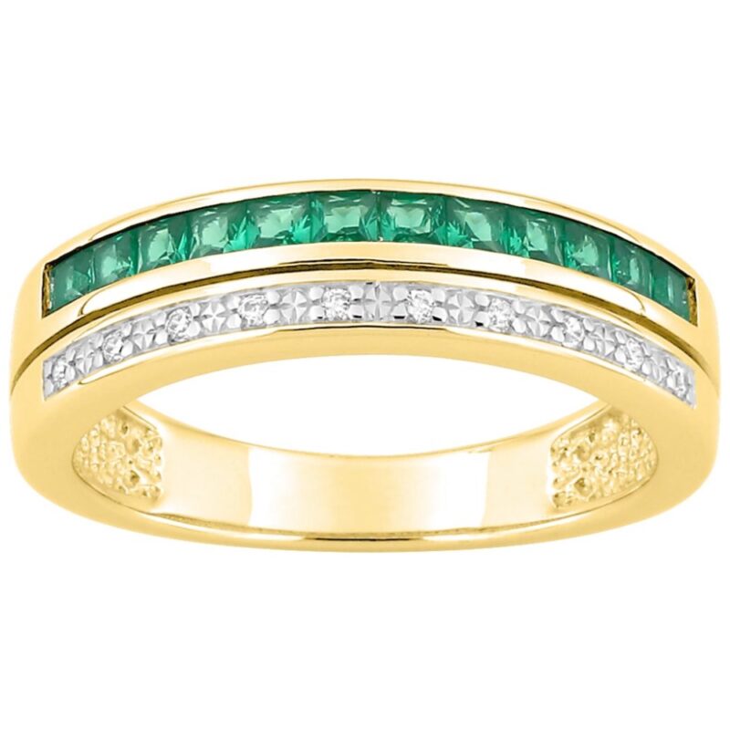 Bague Plaqué Or Bicolore 1 Rang Rhodié Pavage Oxydes Blancs et 1 Rang Serti Rail Oxydes Verts Calibrés