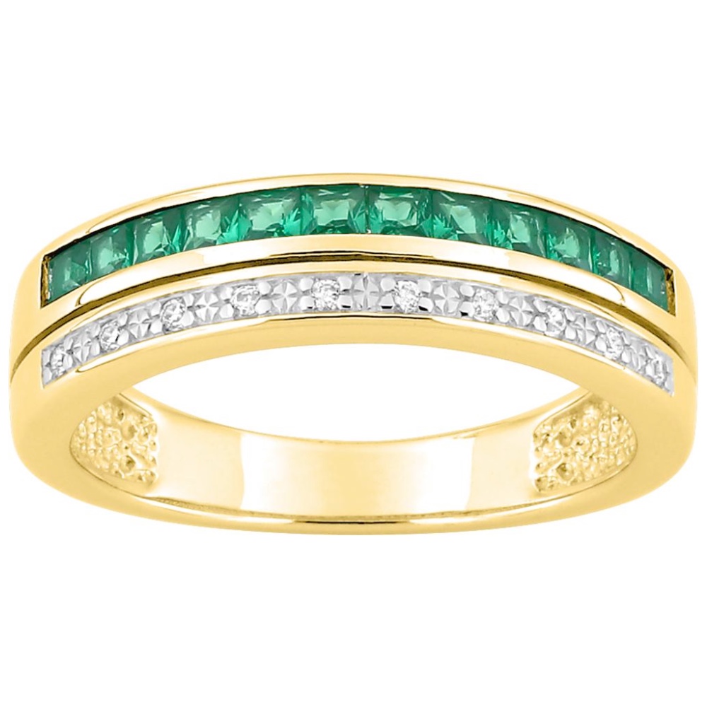Bague Plaqué Or Bicolore 1 Rang Rhodié Pavage Oxydes Blancs et 1 Rang Serti Rail Oxydes Verts Calibrés