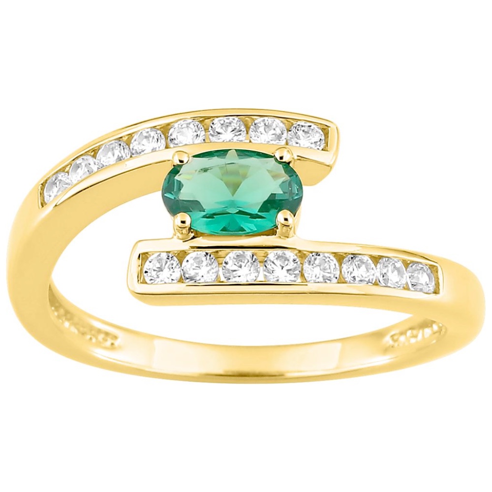 Bague Plaqué Or Jaune 2 Rang Oxydes Blancs Serti Rail et Oxyde Vert Ovale