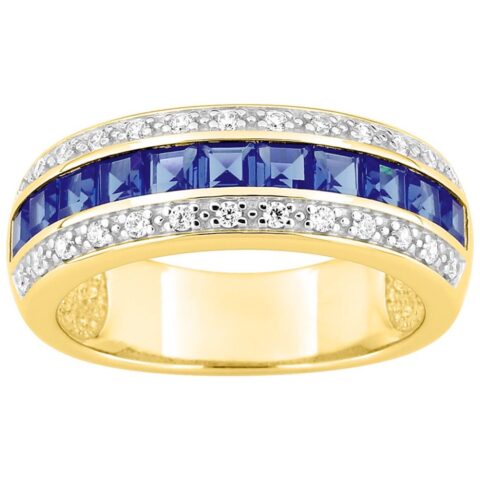 Bague Plaqué Or Bicolore 2 Rangs Rhodié Pavage Oxydes Blancs et 1 Rang Serti Rail Oxydes Bleus Calibrés