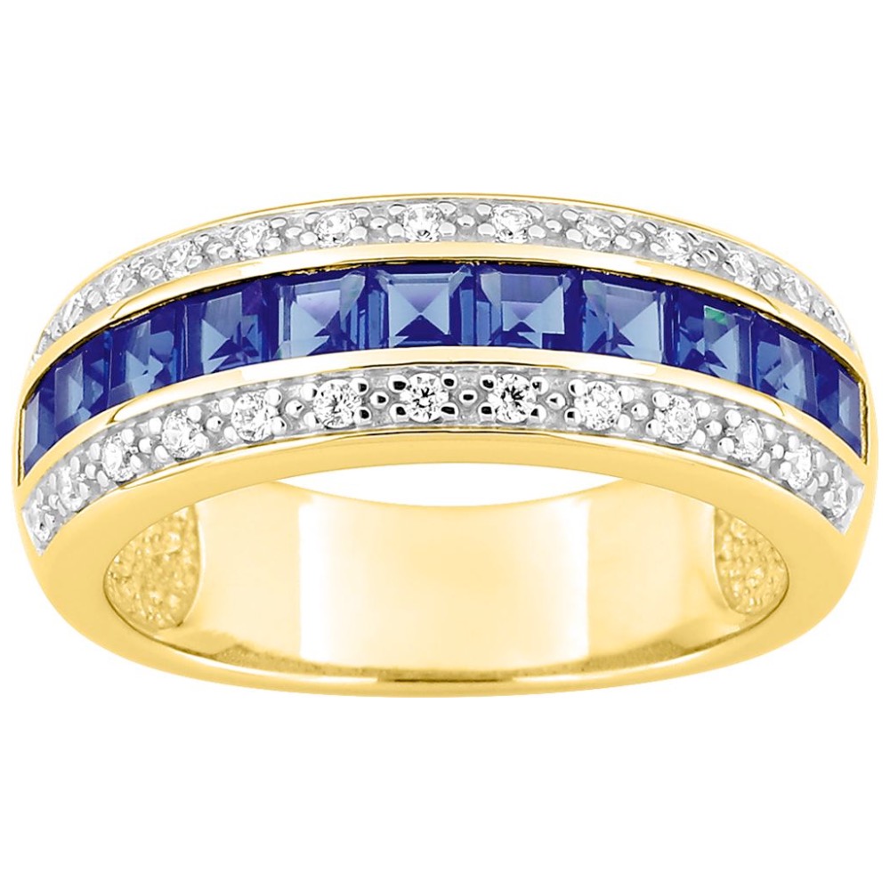 Bague Plaqué Or Bicolore 2 Rangs Rhodié Pavage Oxydes Blancs et 1 Rang Serti Rail Oxydes Bleus Calibrés