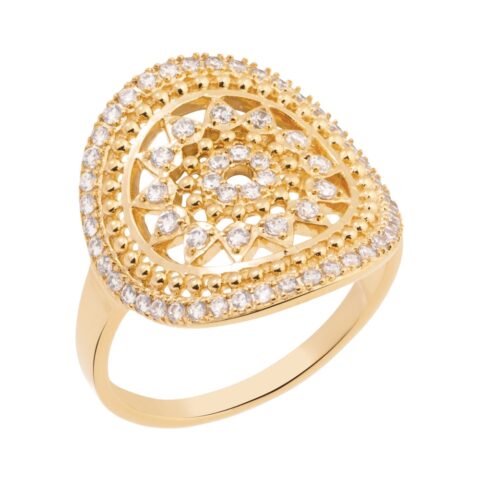 Bague Plaqué Or Jaune Rond Courbé Ajouré Pavage Oxydes