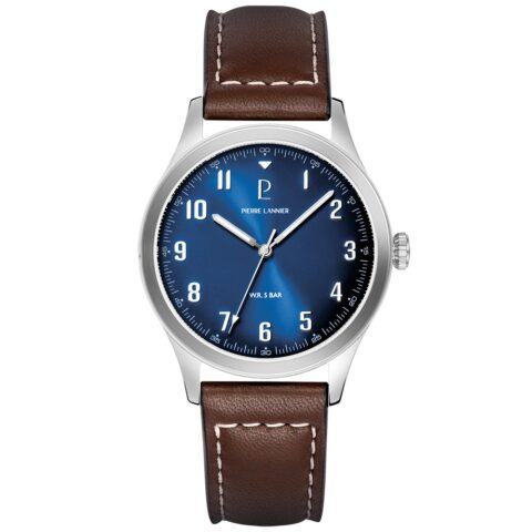 Montre Homme Pierre Lannier Aviateur Argenté Cadran Bleu Bracelet Cuir Brun 260G164