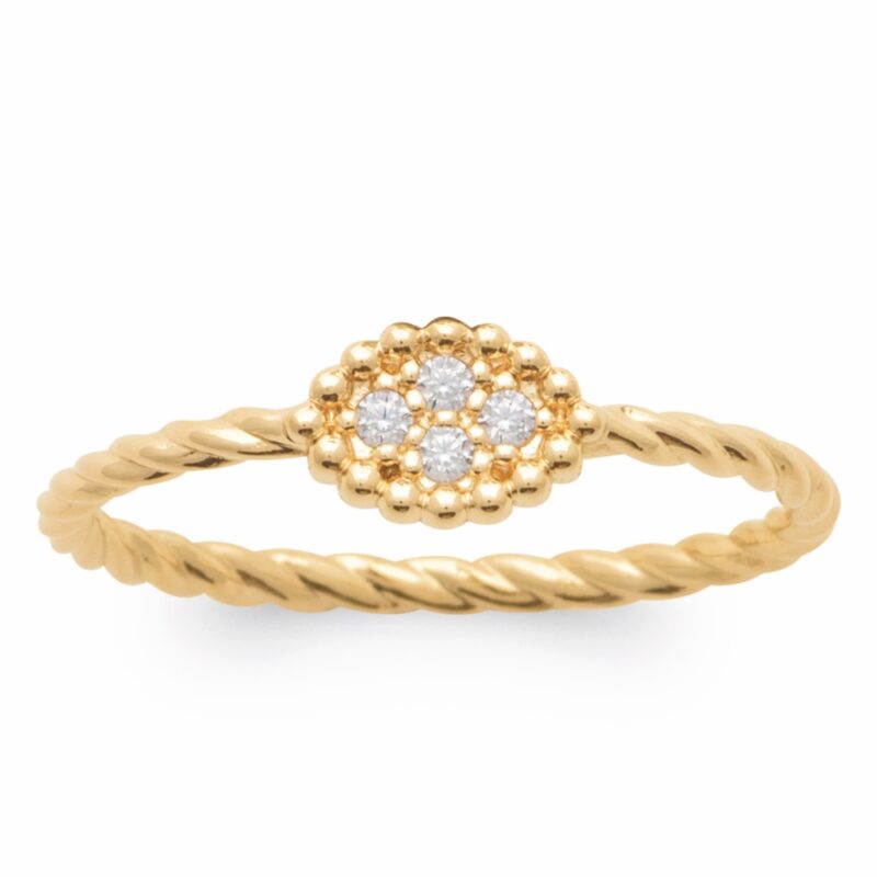 Bague Plaqué Or Jaune Corps Torsadé et Motif 4 Oxydes Bord Perlé – Image 2