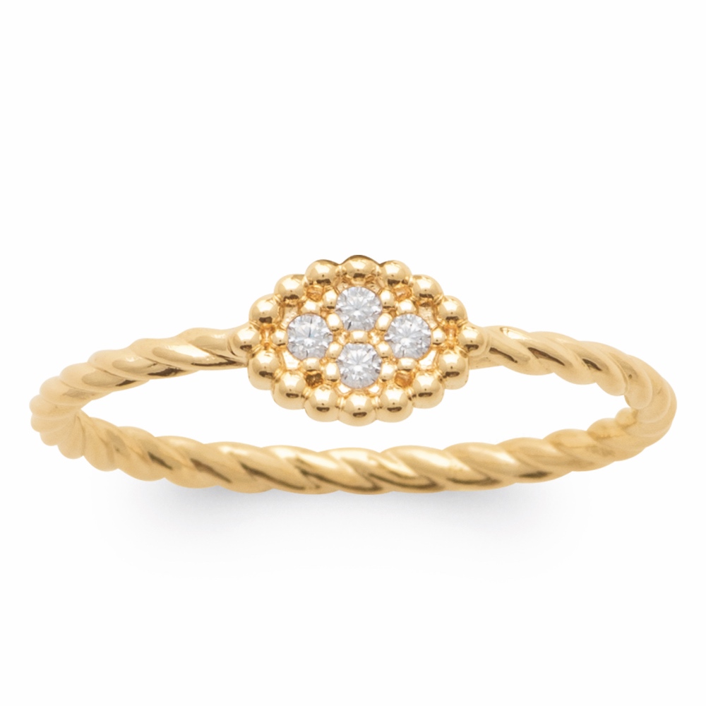 Bague Plaqué Or Jaune Corps Torsadé et Motif 4 Oxydes Bord Perlé – Image 2