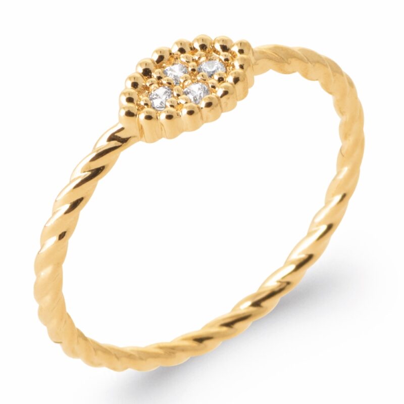 Bague Plaqué Or Jaune Corps Torsadé et Motif 4 Oxydes Bord Perlé