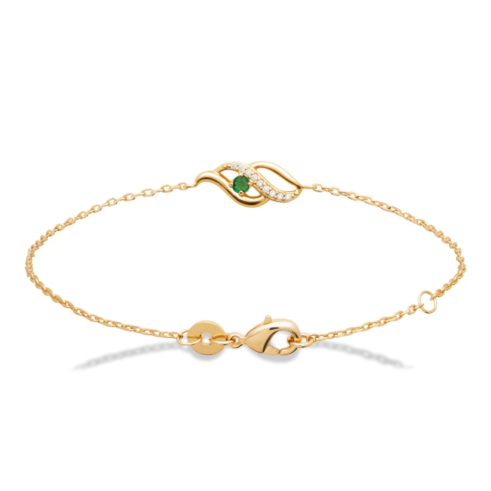 Bracelet Plaqué Or Jaune Oxyde Vert Central Serti 4 Griffes et 1 Rang Oxydes Blancs Sertis – Image 2