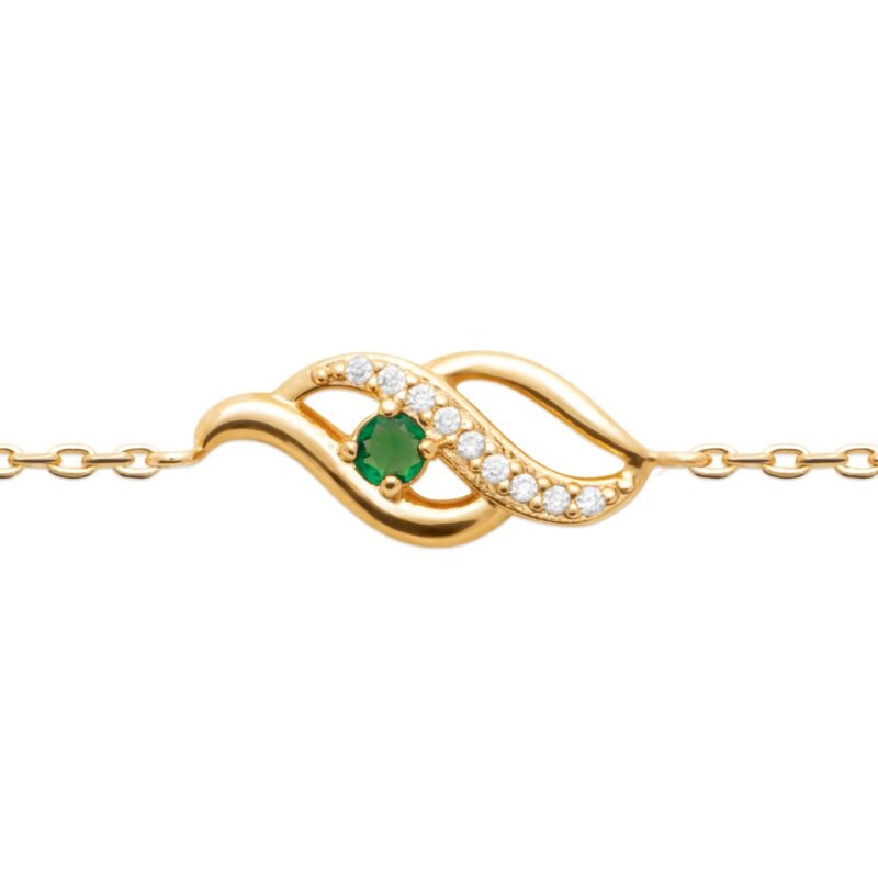Bracelet Plaqué Or Jaune Oxyde Vert Central Serti 4 Griffes et 1 Rang Oxydes Blancs Sertis