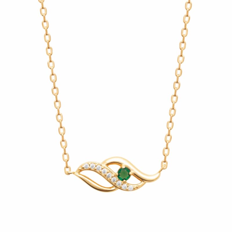 Collier Plaqué Or Jaune Oxyde Vert Central Serti 4 Griffes et  1 Rang Oxydes Blancs Sertis – Image 2