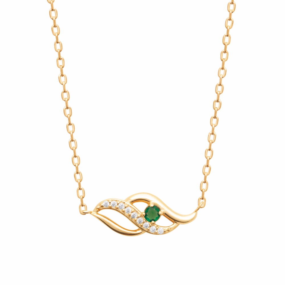 Collier Plaqué Or Jaune Oxyde Vert Central Serti 4 Griffes et  1 Rang Oxydes Blancs Sertis – Image 2