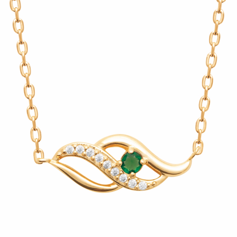 Collier Plaqué Or Jaune Oxyde Vert Central Serti 4 Griffes et  1 Rang Oxydes Blancs Sertis