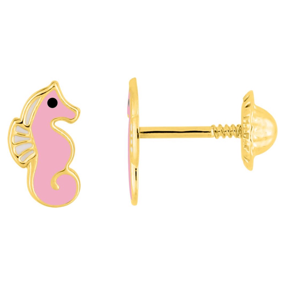 Boucles d'oreilles Or Jaune 375/1000 Hippocampes avec Laque Rose Poussettes à Vis