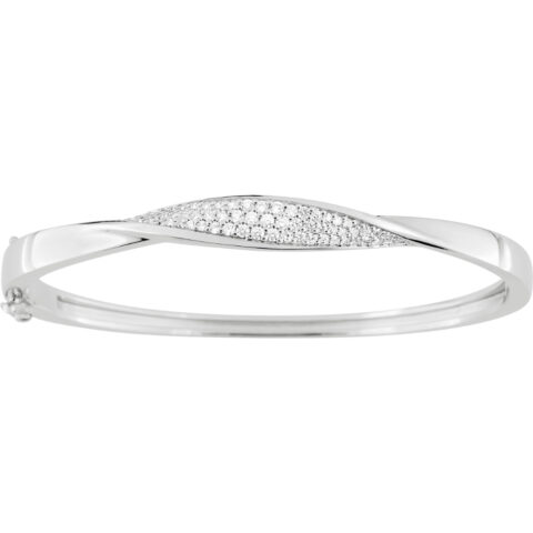 Bracelet Jonc Ouvrant Argent Rhodié 925/1000 Rhodié Ovale Torsade Pavage Oxydes