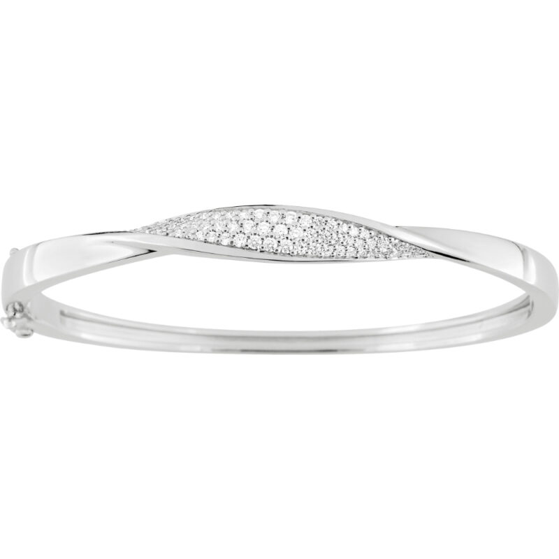 Bracelet Jonc Ouvrant Argent Rhodié 925/1000 Rhodié Ovale Torsade Pavage Oxydes