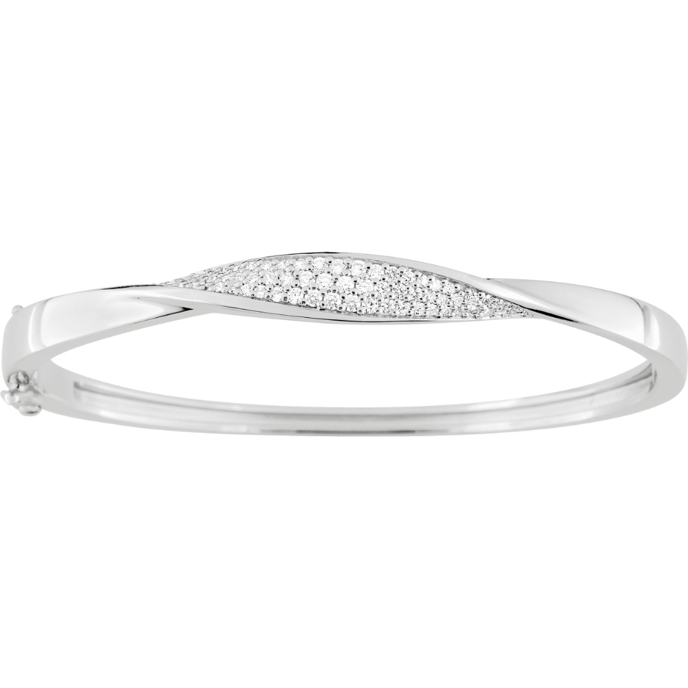 Bracelet Jonc Ouvrant Argent Rhodié 925/1000 Rhodié Ovale Torsade Pavage Oxydes