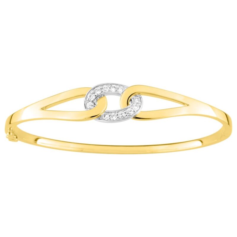 Bracelet Jonc Plaqué Or Bicolore Ouvrant Mailles Ovales Entrelacées et Pavage Oxydes