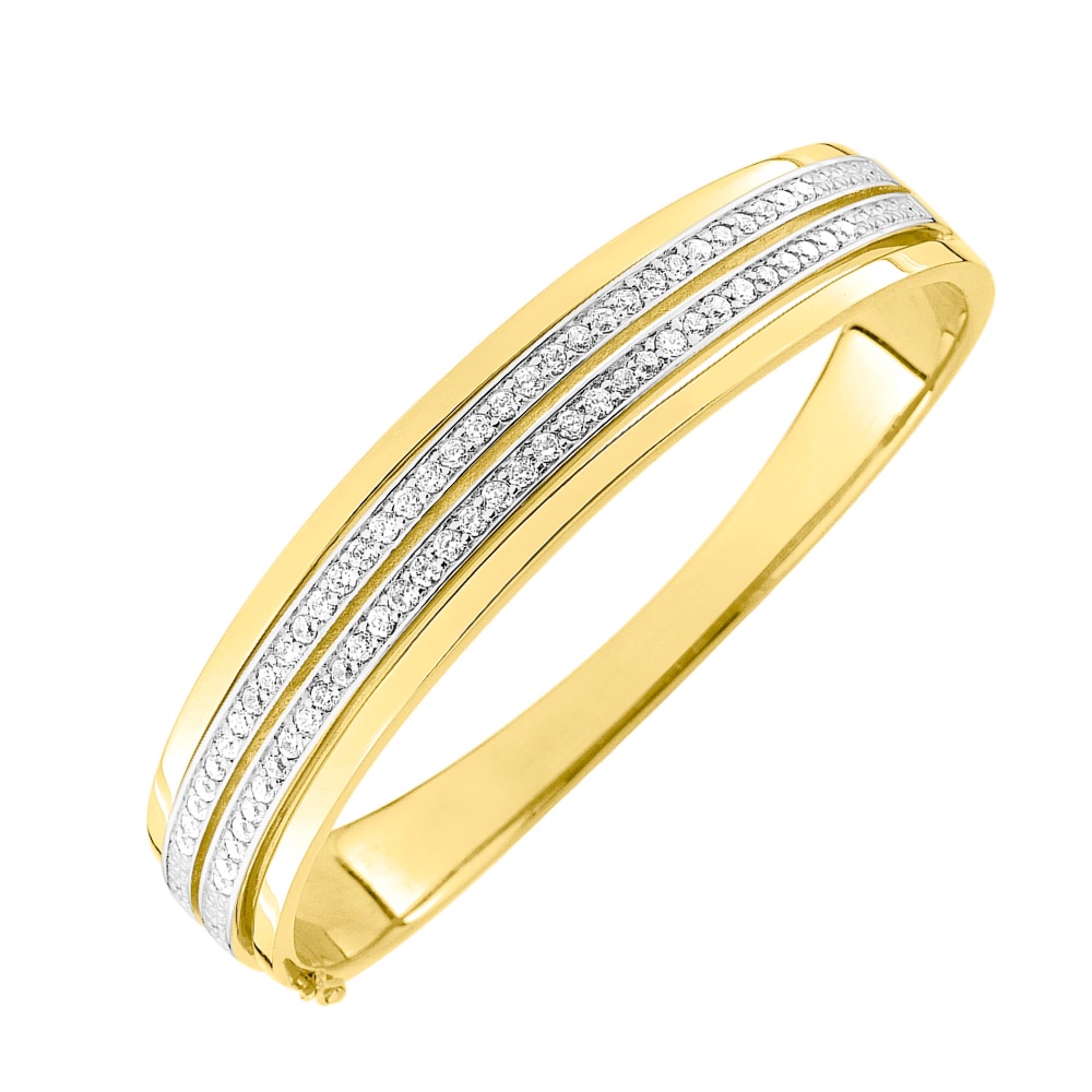 Bracelet Jonc Plaqué Or Bicolore Ouvrant Double Rang Pavage Oxydes – Image 2