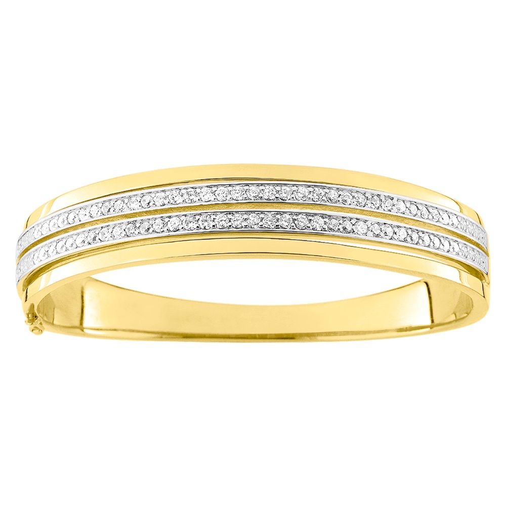 Bracelet Jonc Plaqué Or Bicolore Ouvrant Double Rang Pavage Oxydes