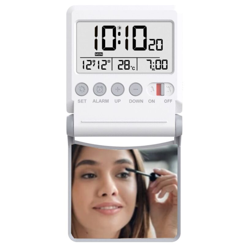 Réveil de Voyage Bayard Blanc Digital Radio-Piloté LCD avec Miroir – Image 2