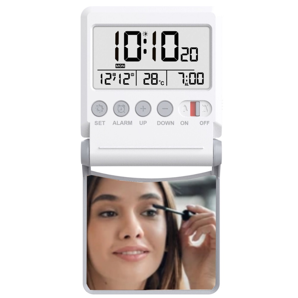 Réveil de Voyage Bayard Blanc Digital Radio-Piloté LCD avec Miroir – Image 2