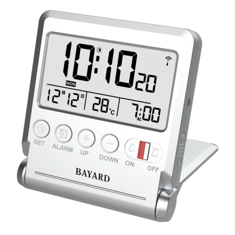 Réveil de Voyage Bayard Argenté Digital Radio-Piloté LCD avec Miroir