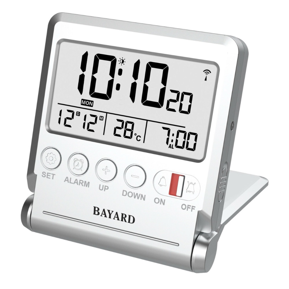Réveil de Voyage Bayard Argenté Digital Radio-Piloté LCD avec Miroir
