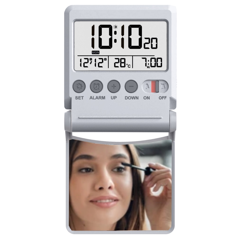 Réveil de Voyage Bayard Argenté Digital Radio-Piloté LCD avec Miroir – Image 2
