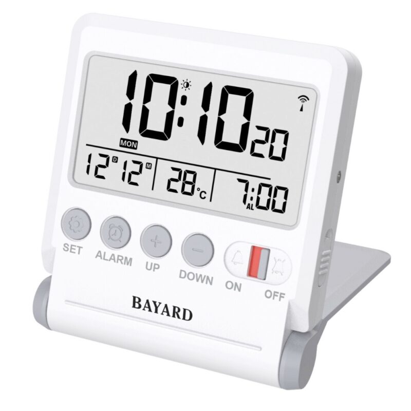 Réveil de Voyage Bayard Blanc Digital Radio-Piloté LCD avec Miroir