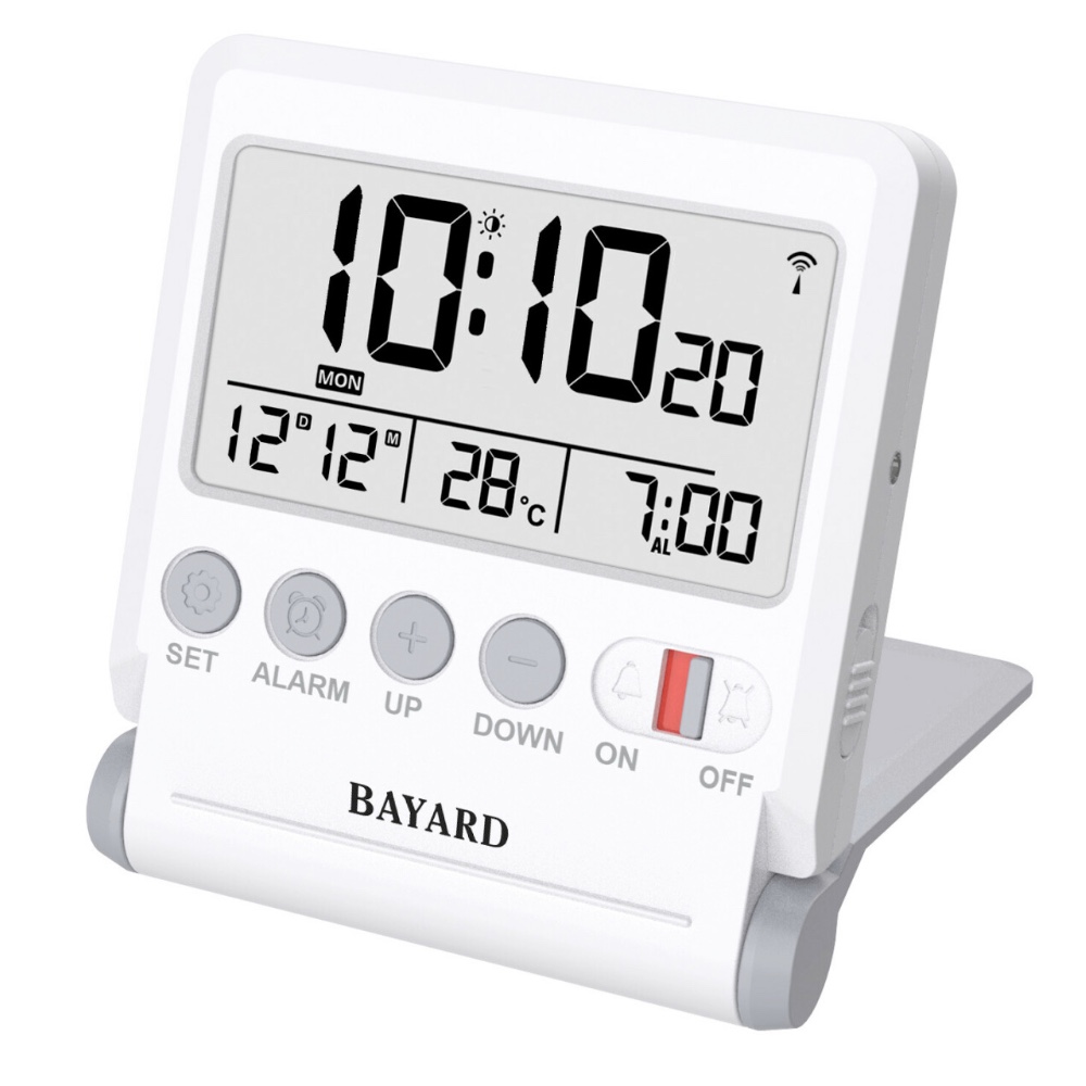 Réveil de Voyage Bayard Blanc Digital Radio-Piloté LCD avec Miroir