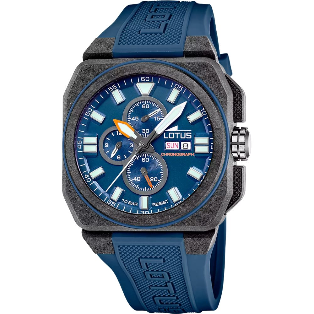 Montre Lotus Homme Chronographe Boitier Carbone Fond Bleu Bracelet Caoutchouc 18976/3