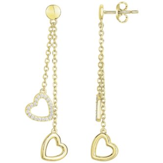 Boucles d'oreilles Pendantes Plaqué Or Jaune Double Coeur et Pavage Oxydes Blancs