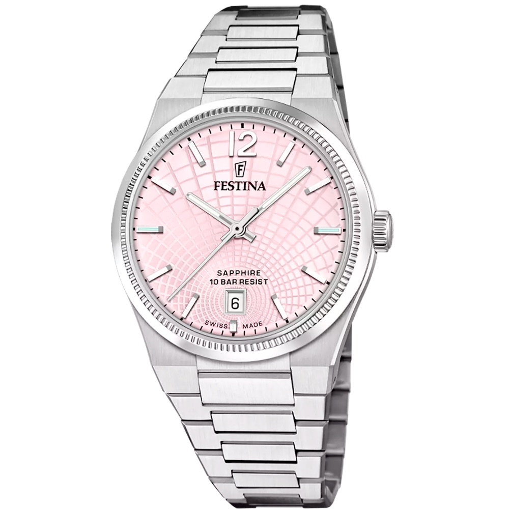 Montre Femme Festina Swiss Made Rivé Fond Rose Bracelet Acier Verre Saphir Dato 6h F20052/3