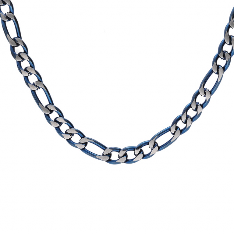 Collier Homme Acier Fashion Steel Bicolore PVD Bleu Chaine Maille Alternée 1+3 Largeur 3mm