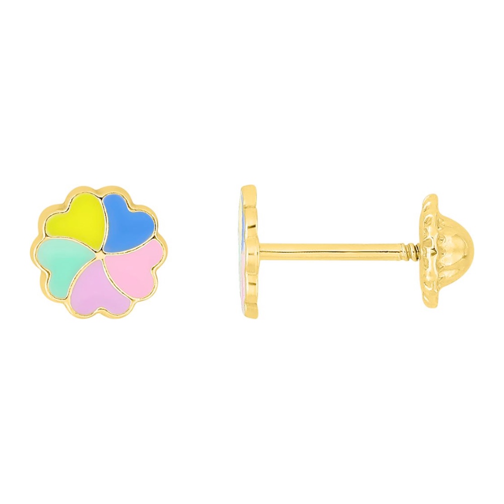 Boucles d'oreilles Enfants Or Jaune 750/1000 Fleurs Laque Multi Couleurs Poussettes à Vis