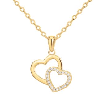 Collier Plaqué Or Jaune Double Coeur et Pavage Oxydes Blancs