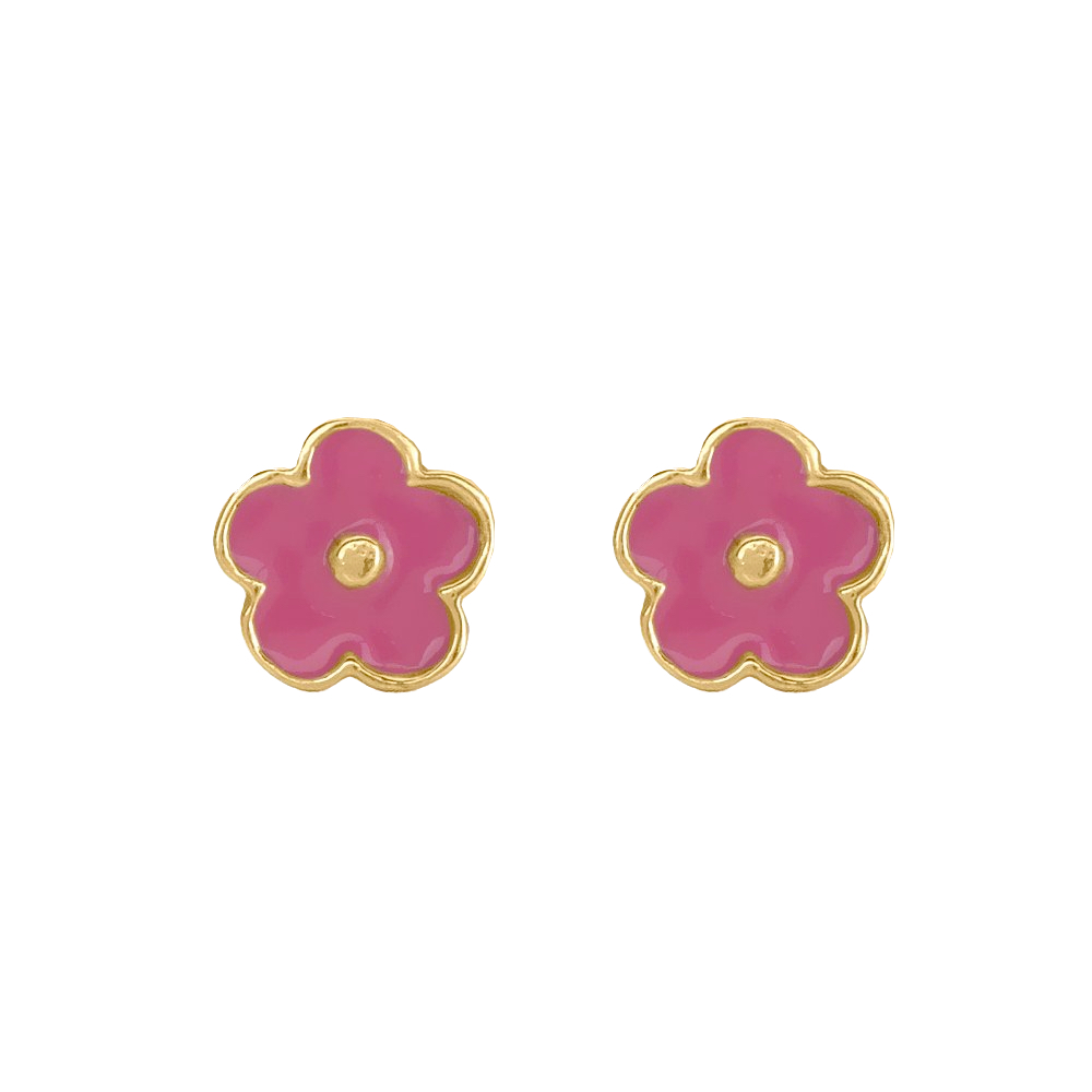 Boucles d'oreilles Or Jaune 375/1000 Fleurs Laque Rose Poussettes à Cloche